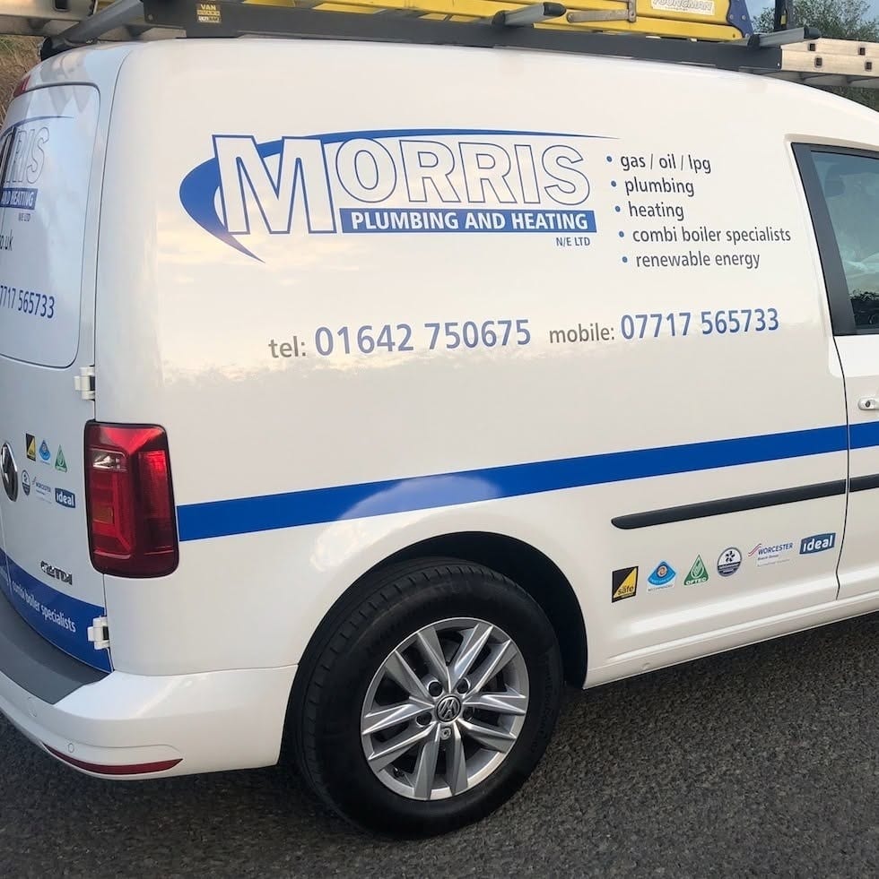The Morris Plumbing and Heating van, sign-written with gas, oil, LPG, plumbing and heating